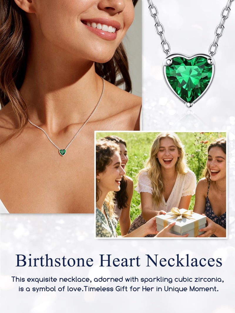 Suplight Stelring Silver May Birthstone Necklace Small Emeral Green Simple Heart Necklace for Women - Image 3